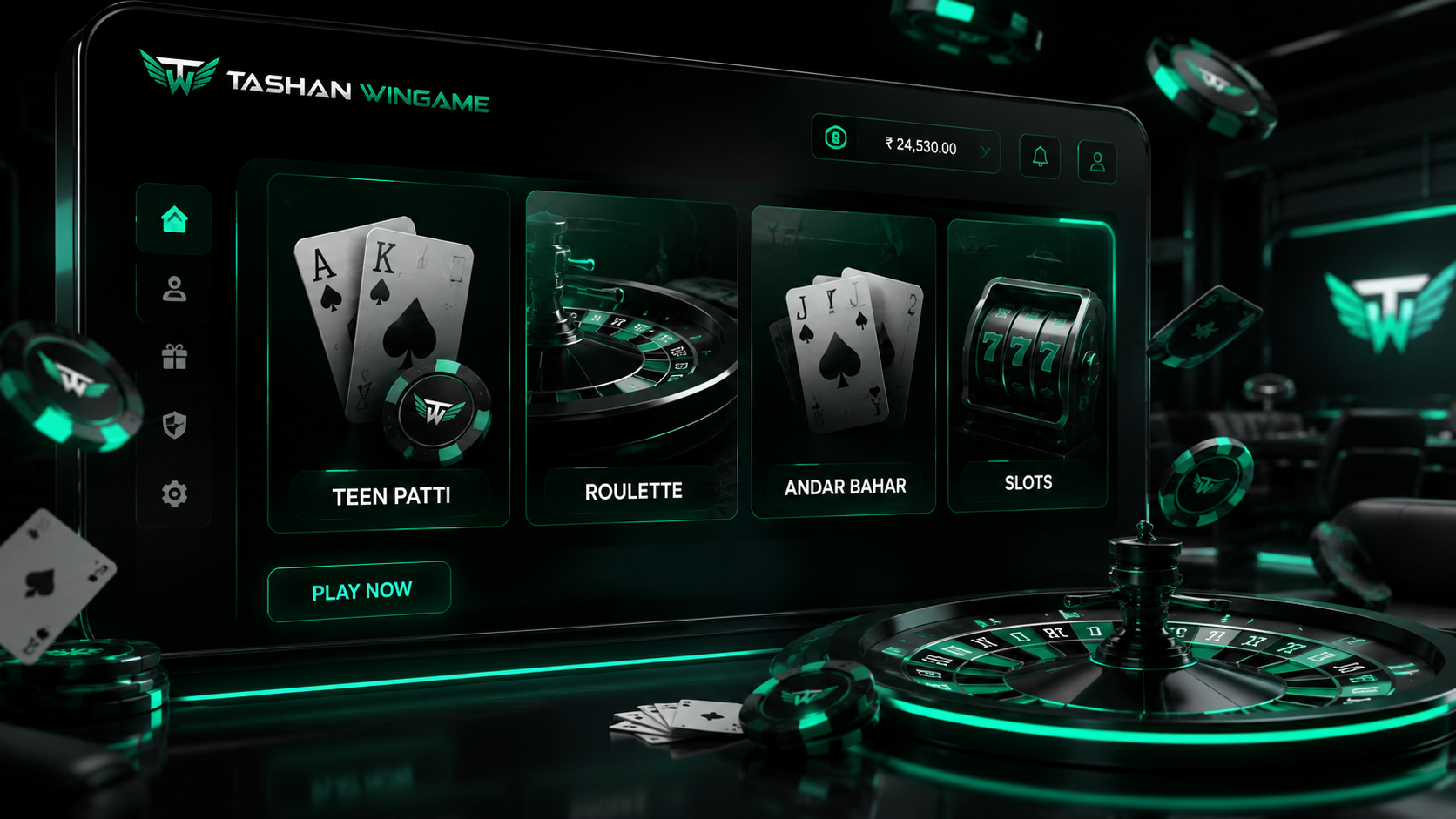 Tashan Wingame neon room tiles with cards, wheel, and slot visuals