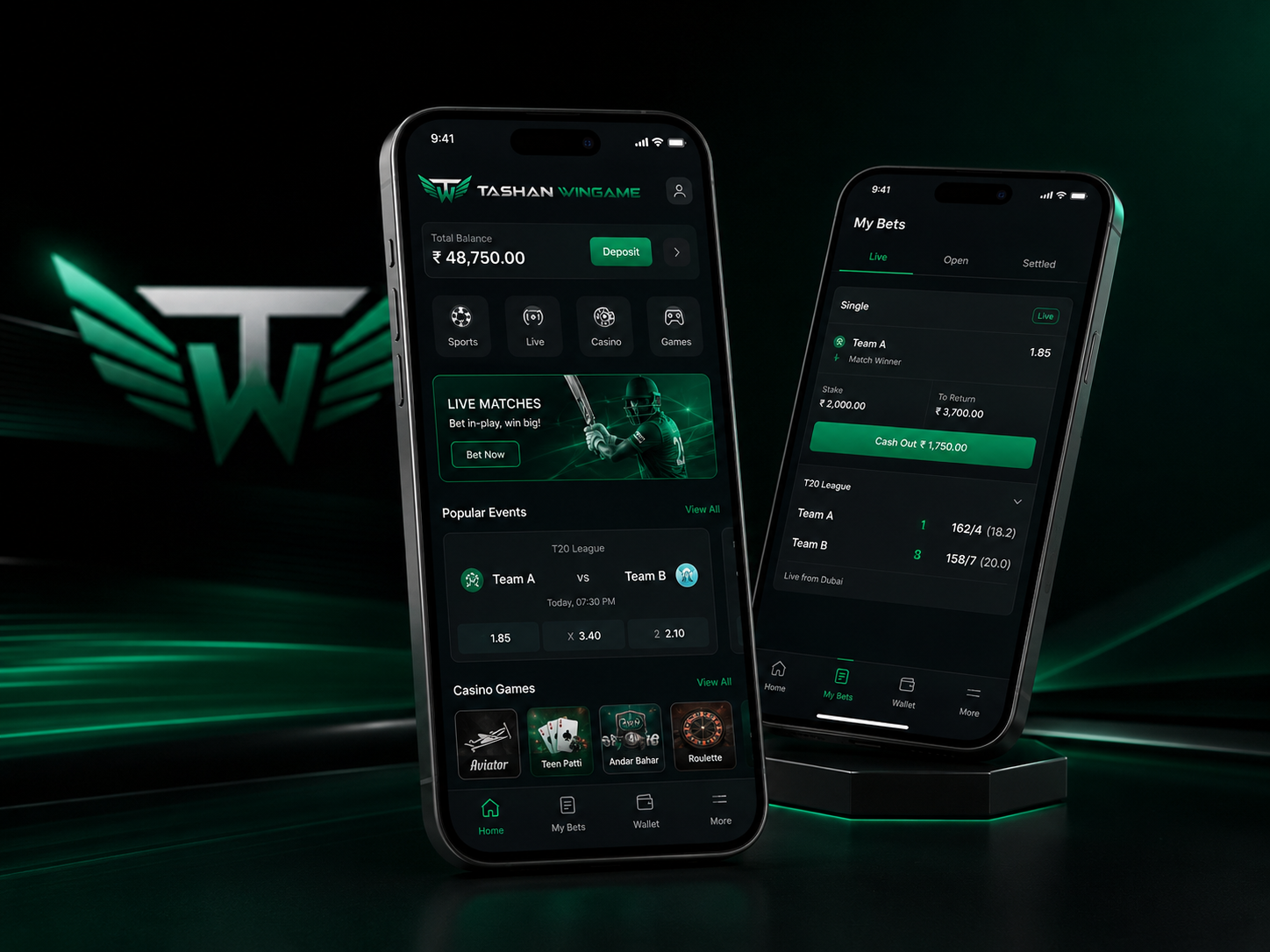 Tashan Wingame phone screens with dark neon panels