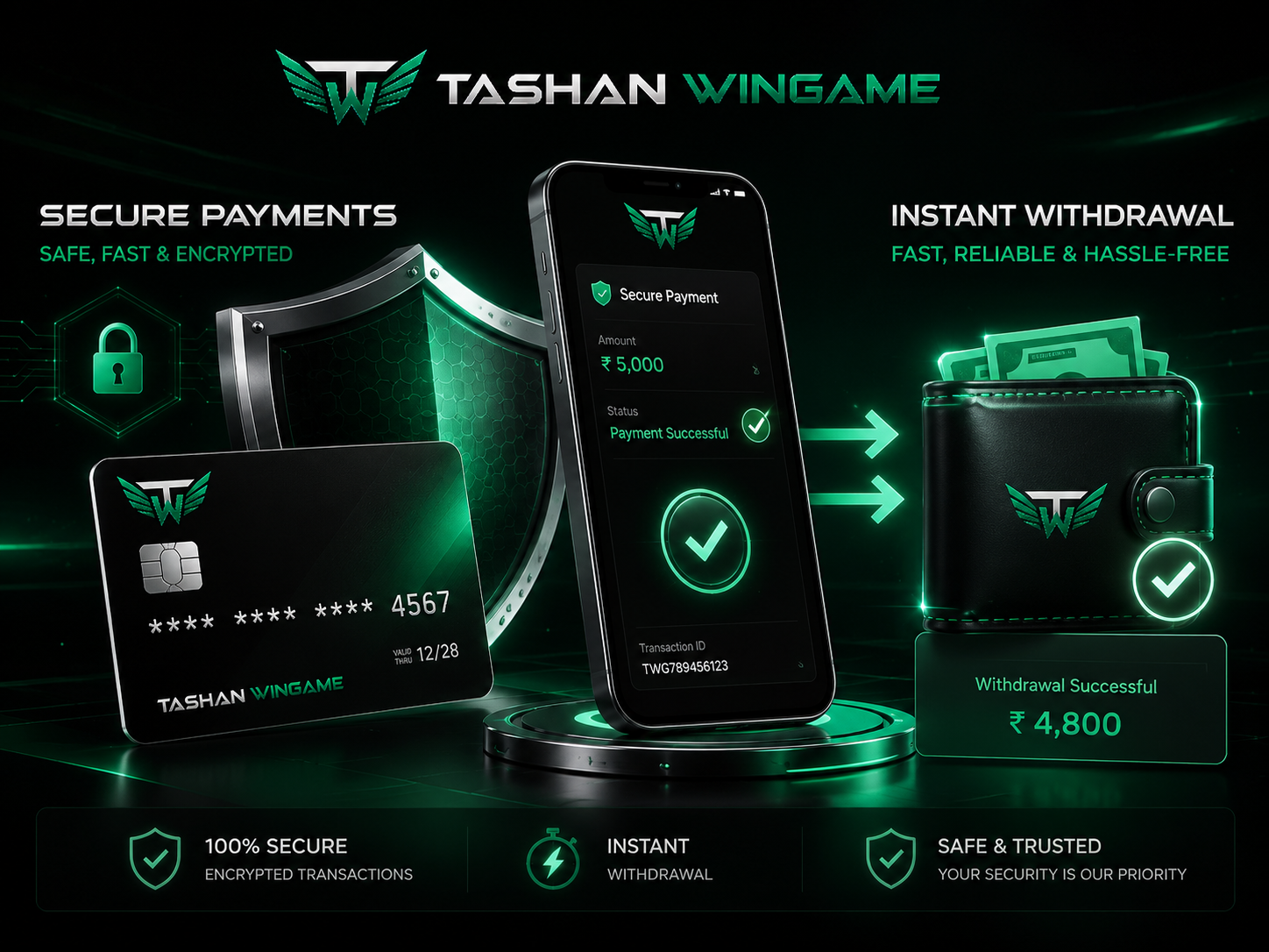 Tashan Wingame neon safety screen with wallet, shield, and phone
